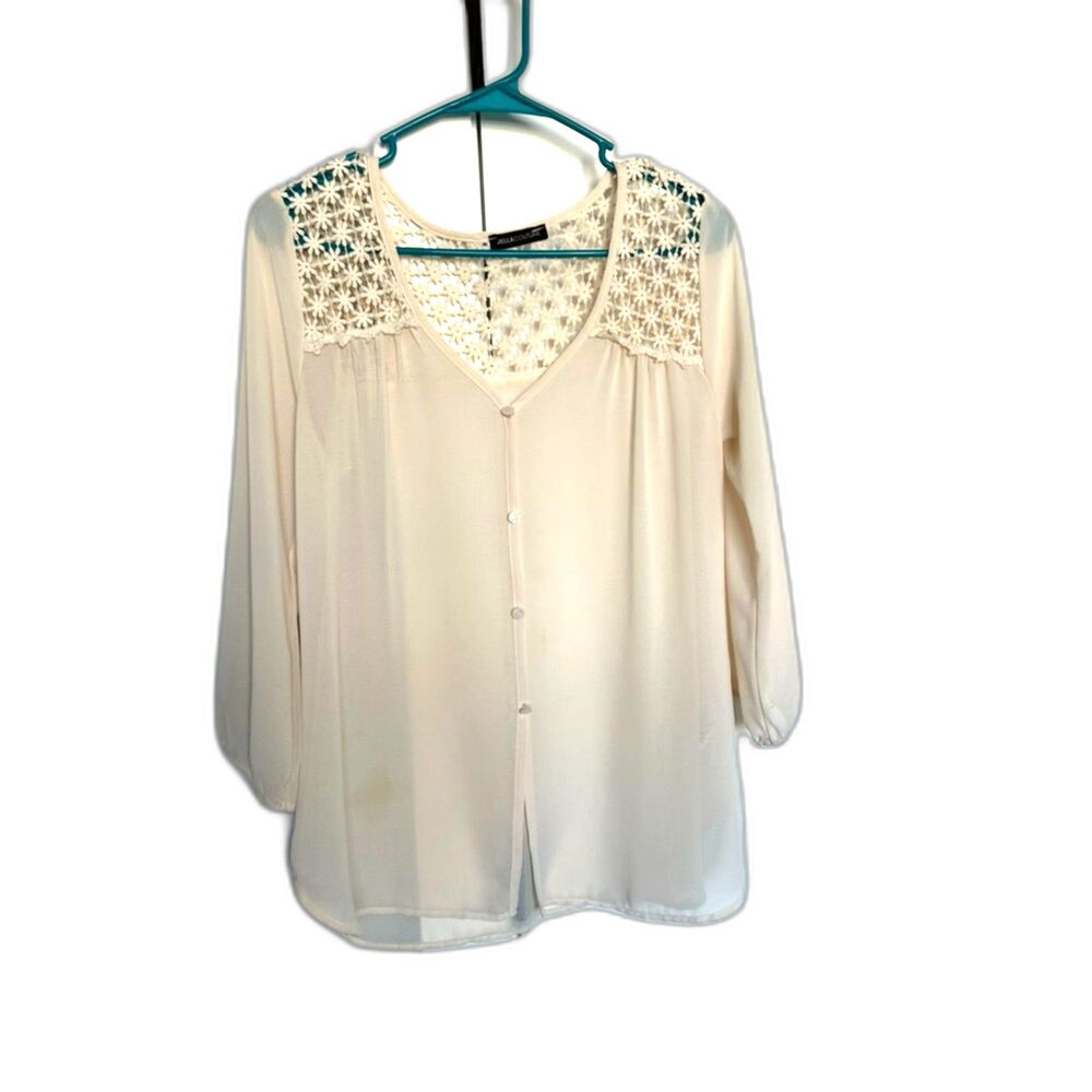Jella Couture Women's Tan Lace Longe Sleeve Scoop Neck Lace Shoulder Blouse
